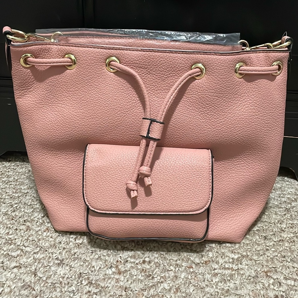 New pink drawstring bucket bag faux leather